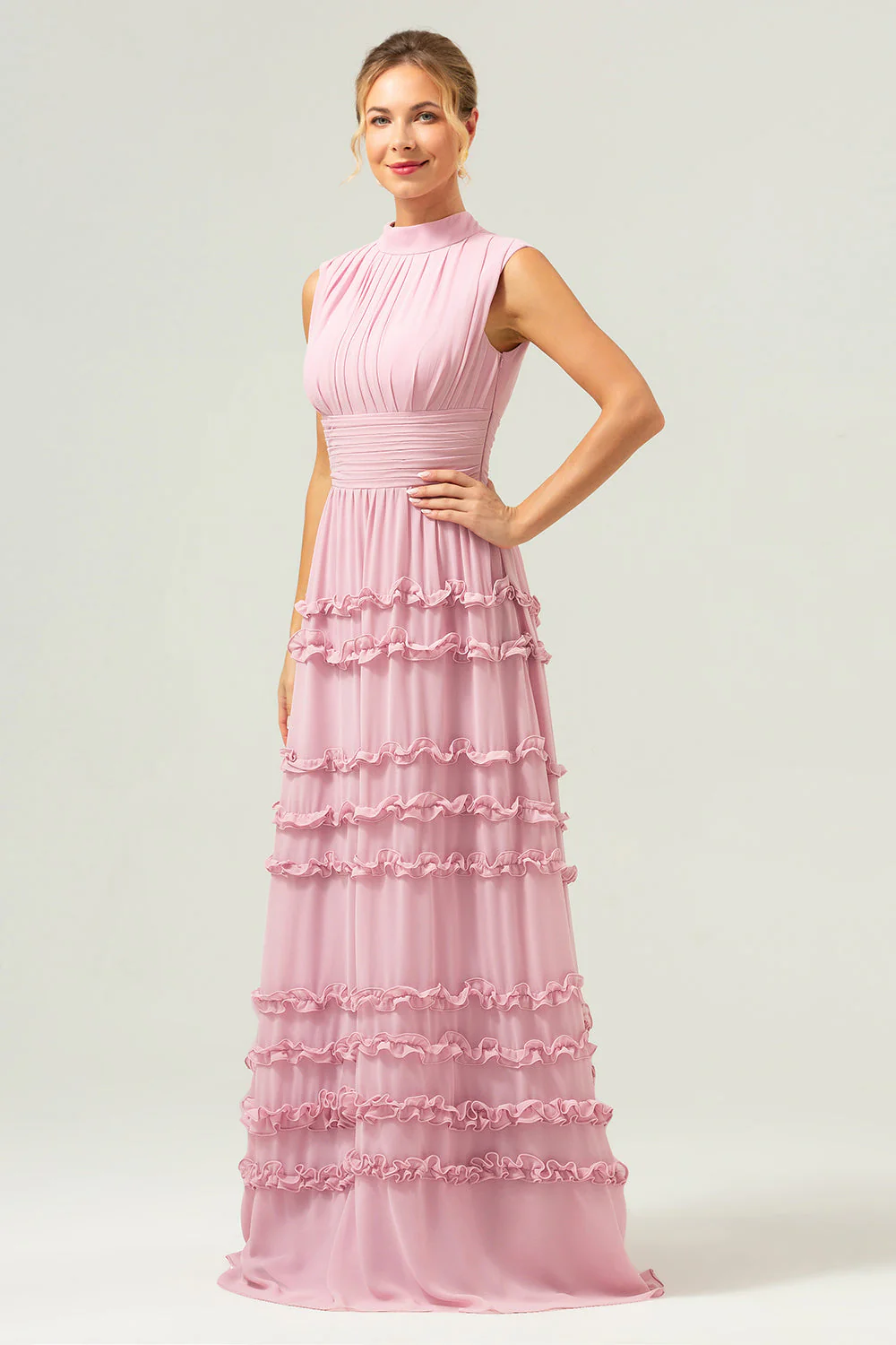 Blush A-ligne Robe de demoiselle d’honneur longue en mousseline de soie à volants avec dos ouvert - Image 5
