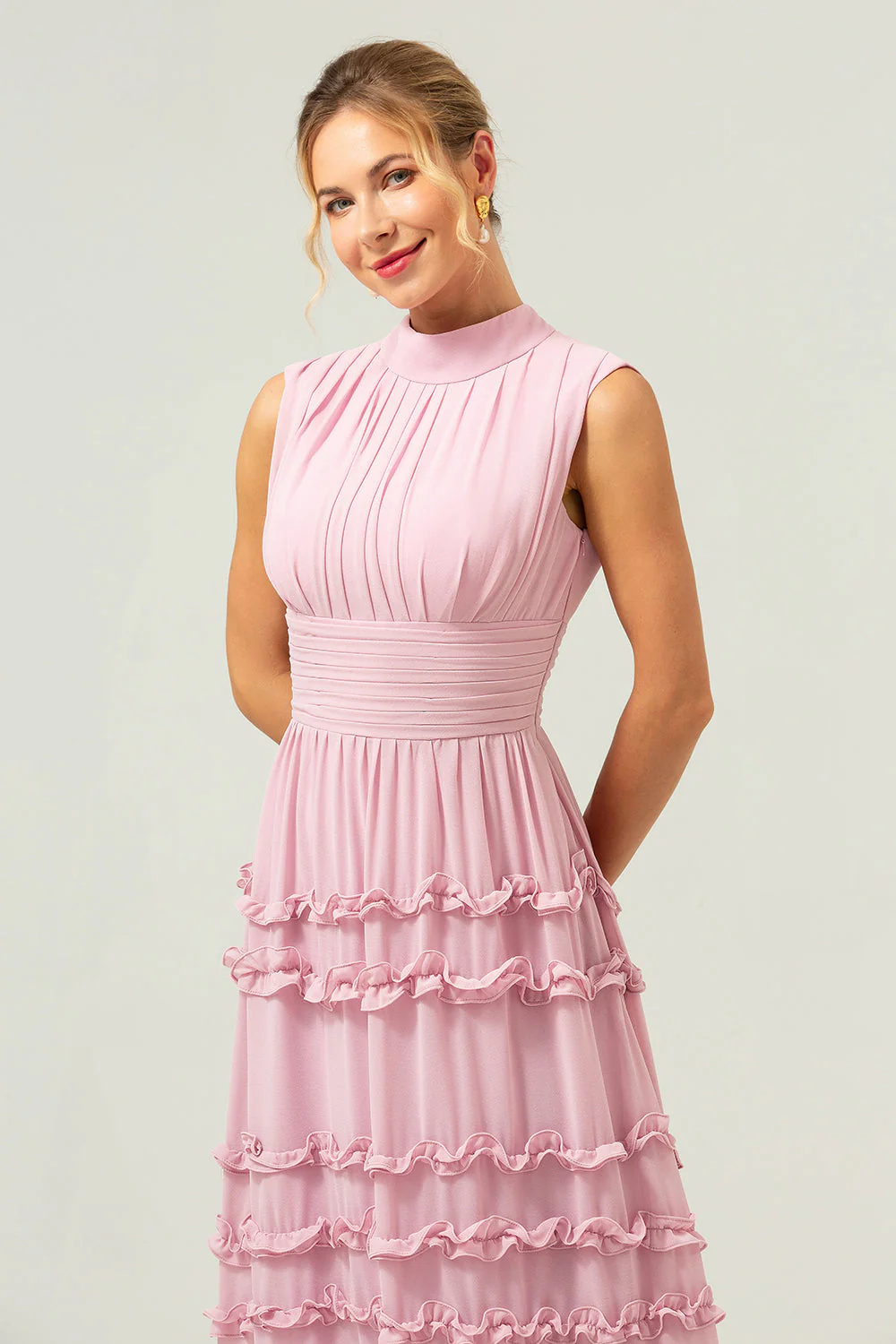 Blush A-ligne Robe de demoiselle d’honneur longue en mousseline de soie à volants avec dos ouvert - Image 6