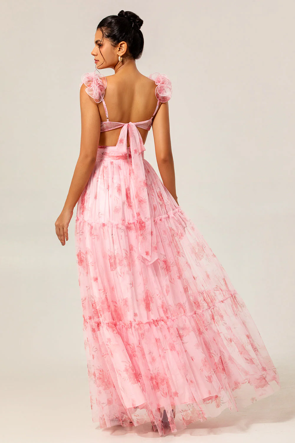 Blush Floral Une ligne à volants Tulle Robe de demoiselle d’honneur longue - Image 2