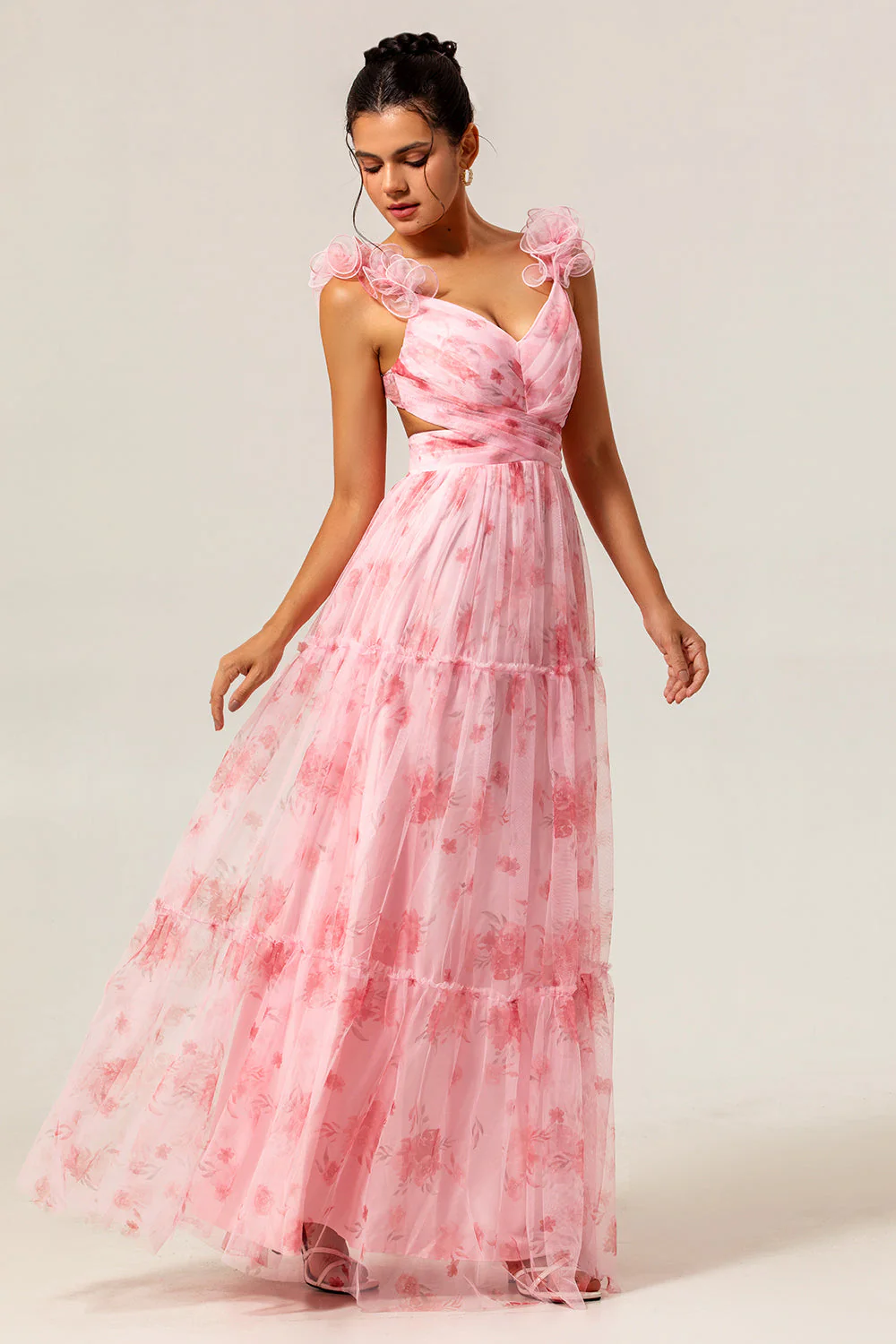 Blush Floral Une ligne à volants Tulle Robe de demoiselle d’honneur longue - Image 3