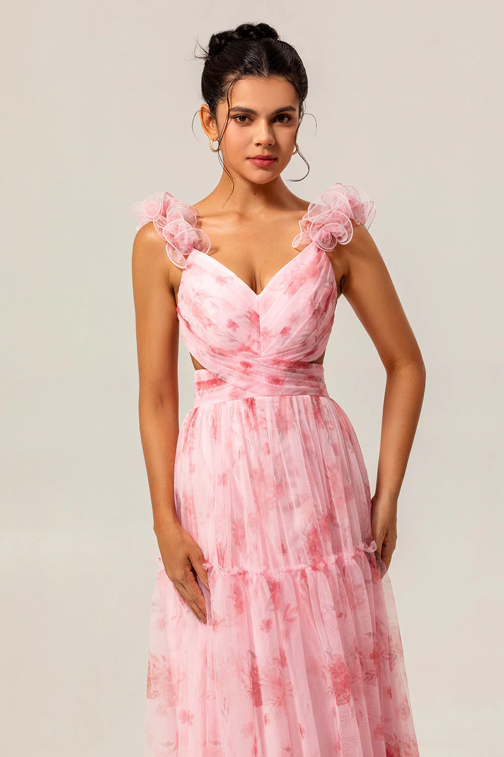 Blush Floral Une ligne à volants Tulle Robe de demoiselle d’honneur longue - Image 4