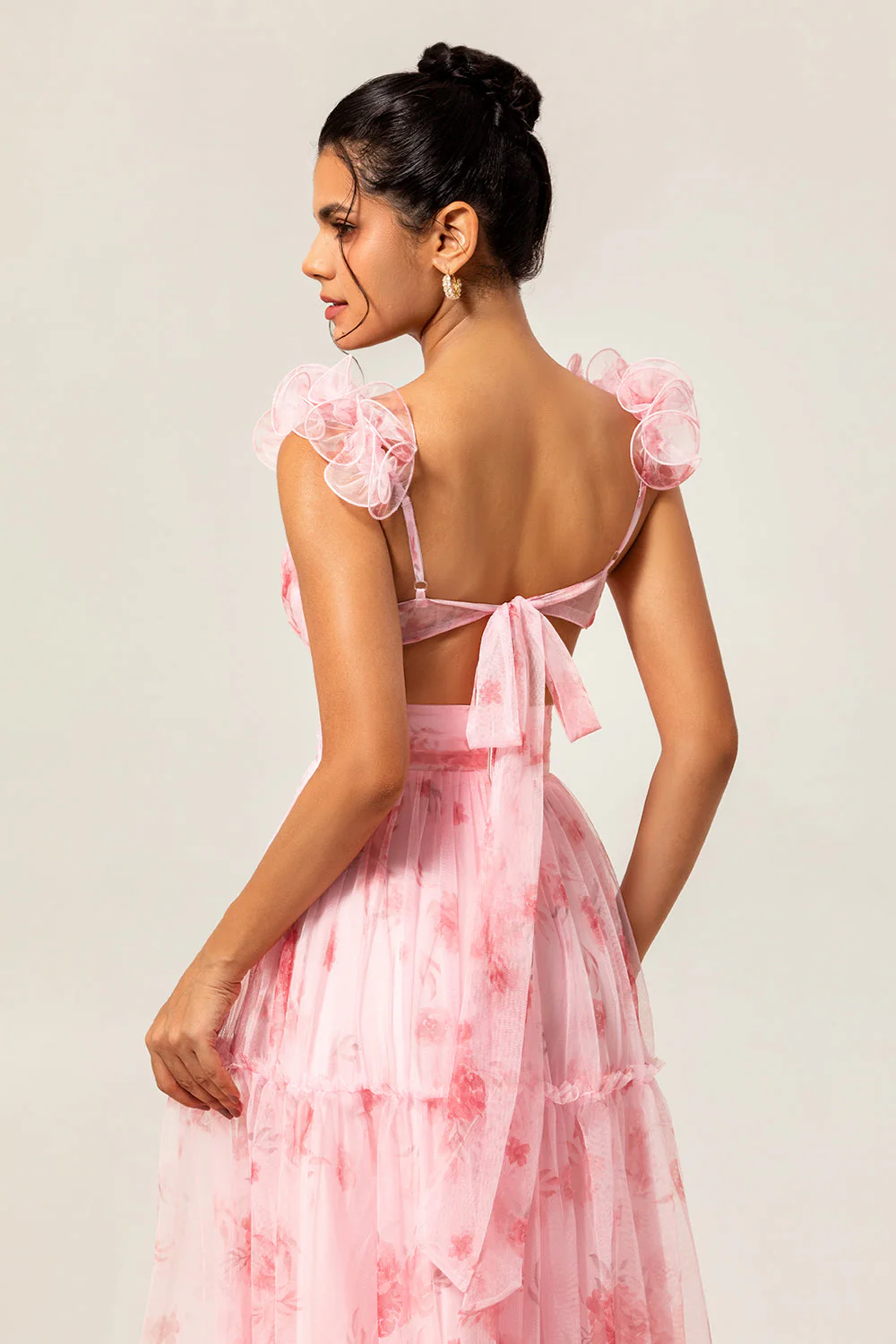 Blush Floral Une ligne à volants Tulle Robe de demoiselle d’honneur longue - Image 5