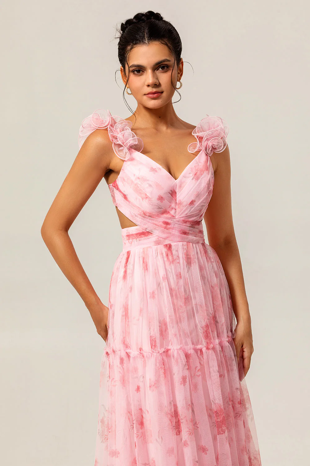 Blush Floral Une ligne à volants Tulle Robe de demoiselle d’honneur longue - Image 6