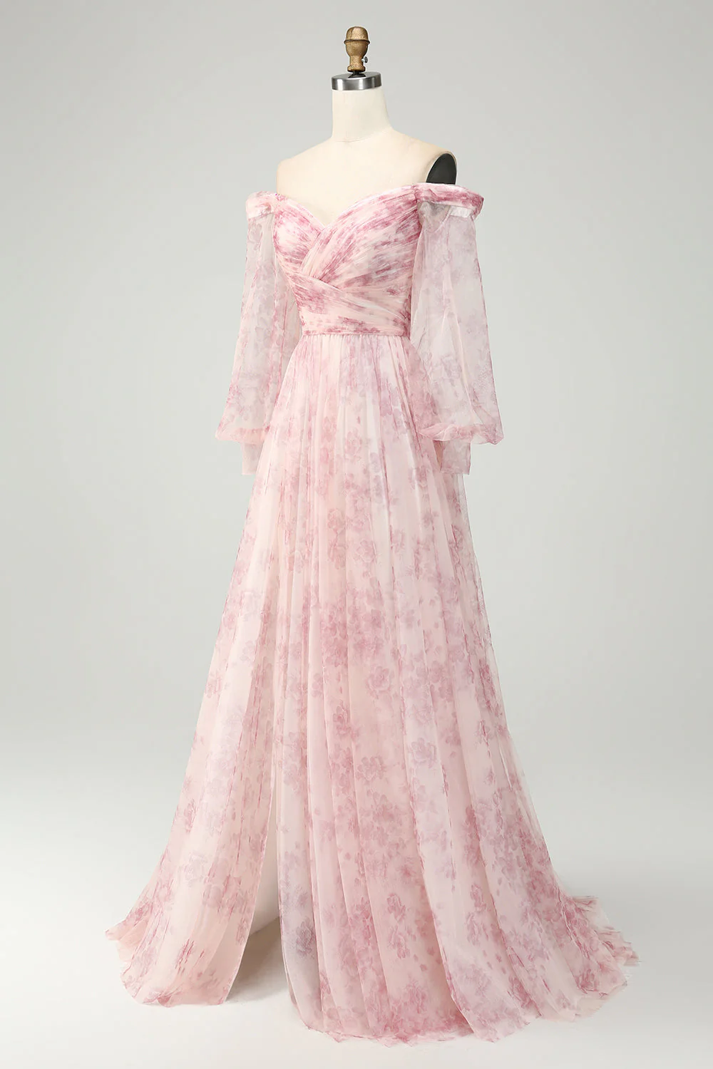 Blush Flower A-ligne Robe de bal à imprimé épaules dénudées avec fente - Image 3