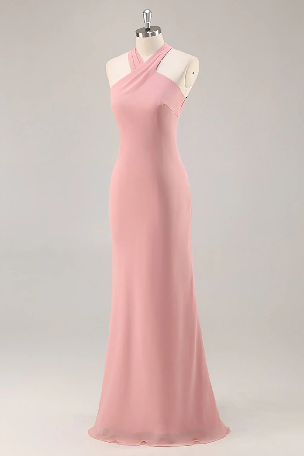 Blush Halter Sirène Robe de demoiselle d’honneur longue en mousseline de soie avec noeud - Image 3