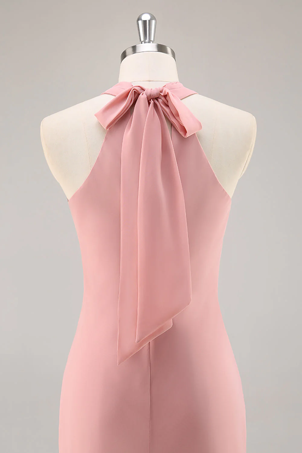 Blush Halter Sirène Robe de demoiselle d’honneur longue en mousseline de soie avec noeud - Image 5