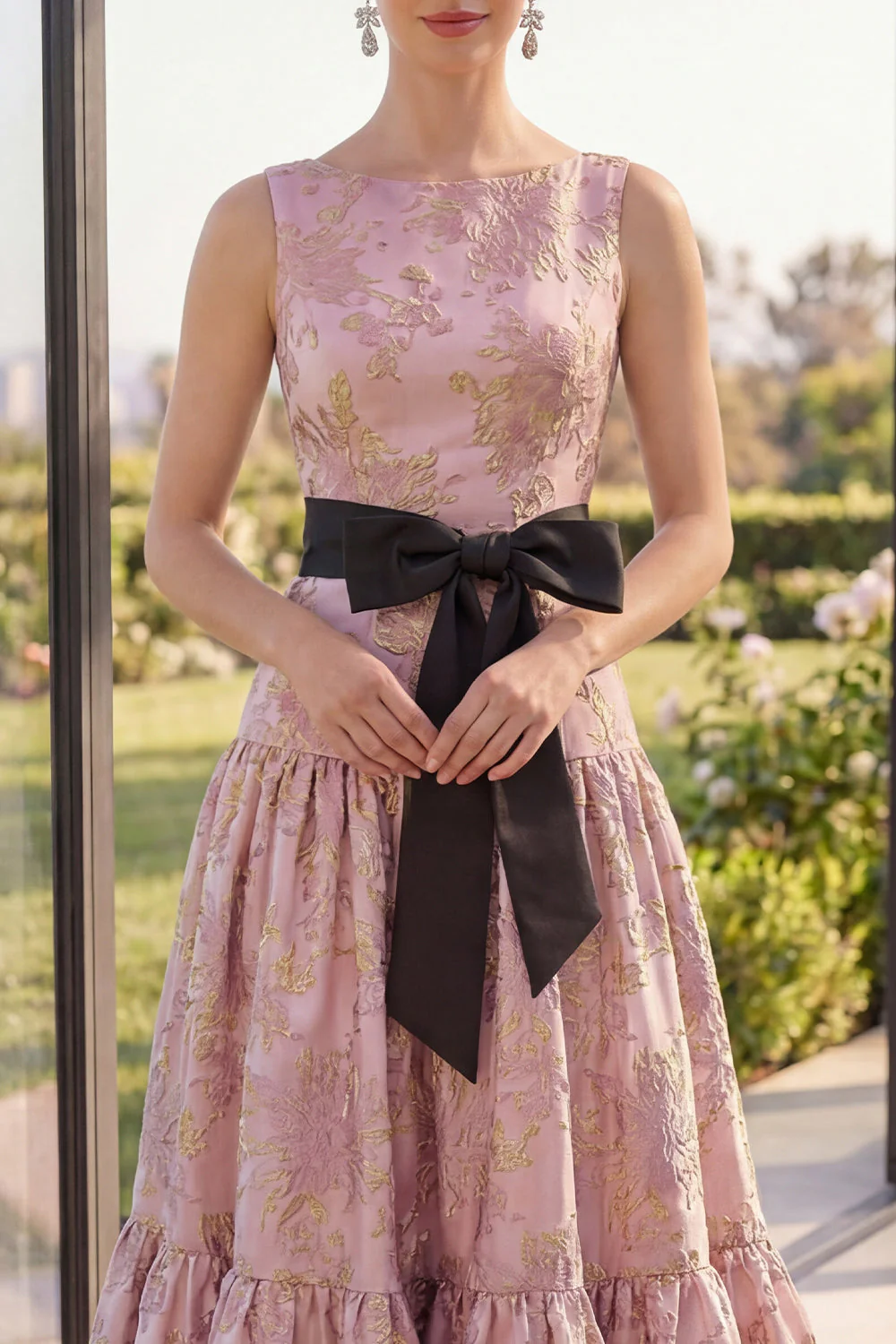 Blush Jacquard Boat Neck A Line Maxi Floral Dress avec nœud - Image 3