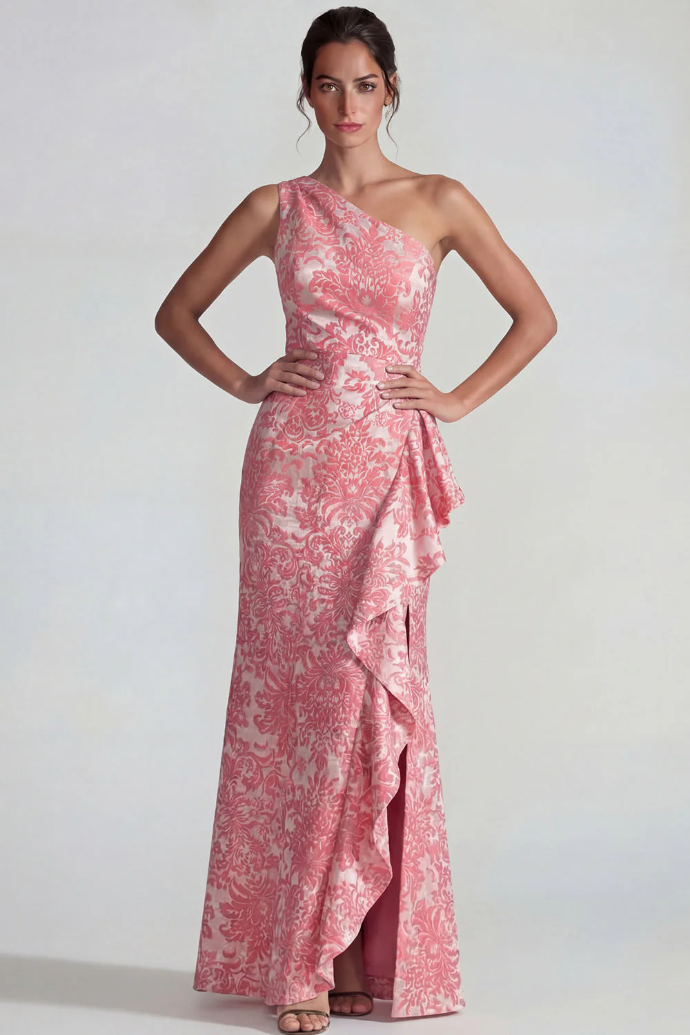 Blush Jacquard Une épaule à volants Fourreau Longue robe formelle avec fente