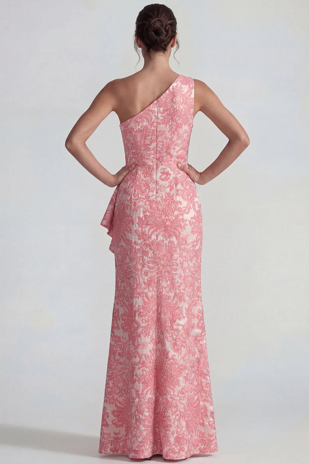 Blush Jacquard Une épaule à volants Fourreau Longue robe formelle avec fente - Image 2