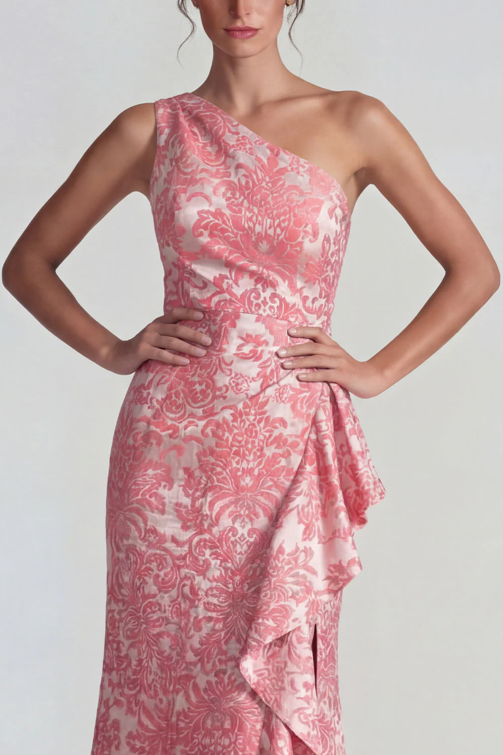 Blush Jacquard Une épaule à volants Fourreau Longue robe formelle avec fente - Image 3
