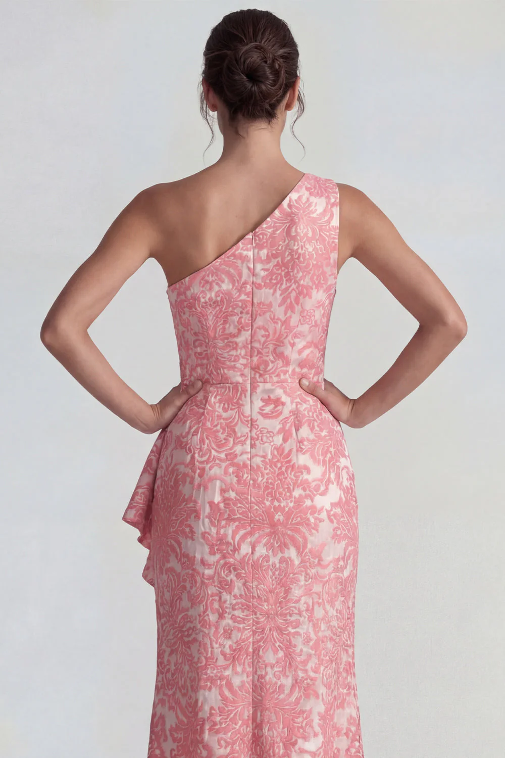 Blush Jacquard Une épaule à volants Fourreau Longue robe formelle avec fente - Image 4