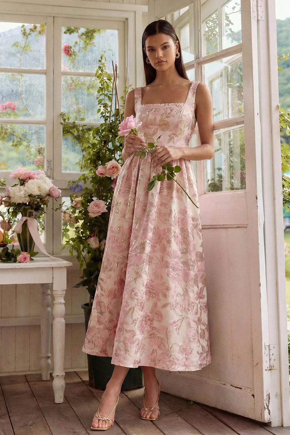 Blush Jacquard Une robe midi à col carré avec dentelle dans le dos