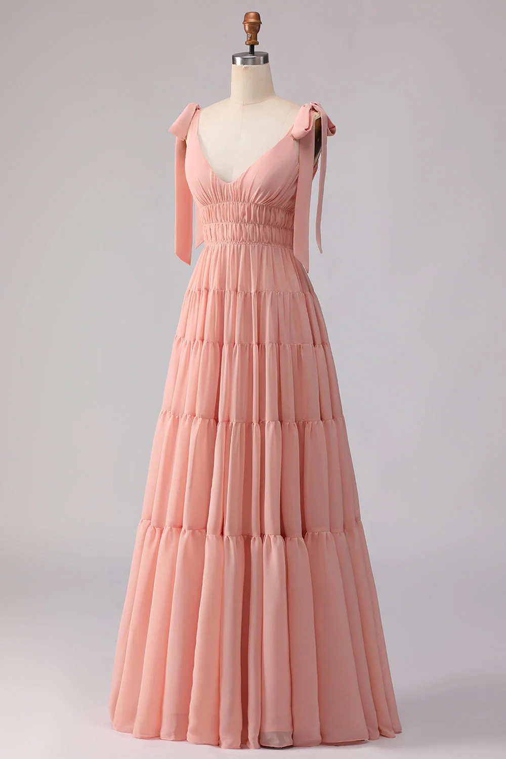 Blush Ligne A Bandes à nœud Tirant ouverte et chiffon longue robe de demoiselle d’honneur - Image 3