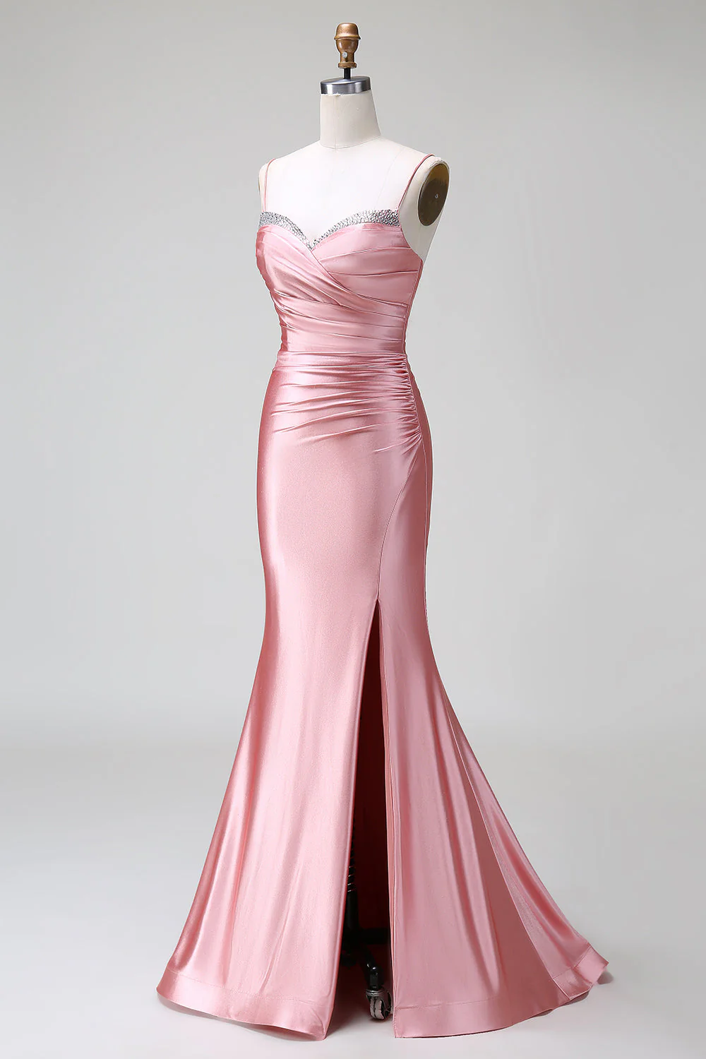 Blush Mermaid Spaghetti Straps Satin Robe de bal avec fente - Image 3