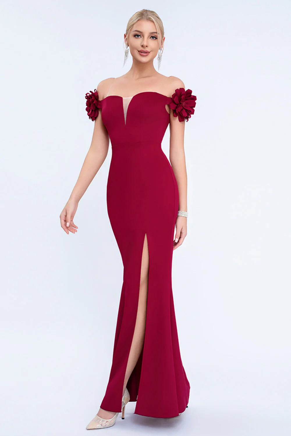 Blush Off the Shouder Robe de bal fourreau de fleurs 3D avec fente - Image 3