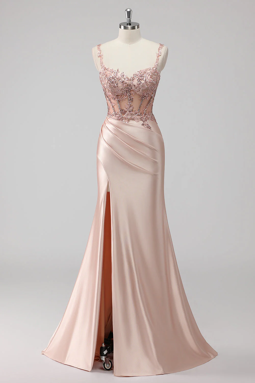 Robe de soirée sirène blush satin à sequins fente