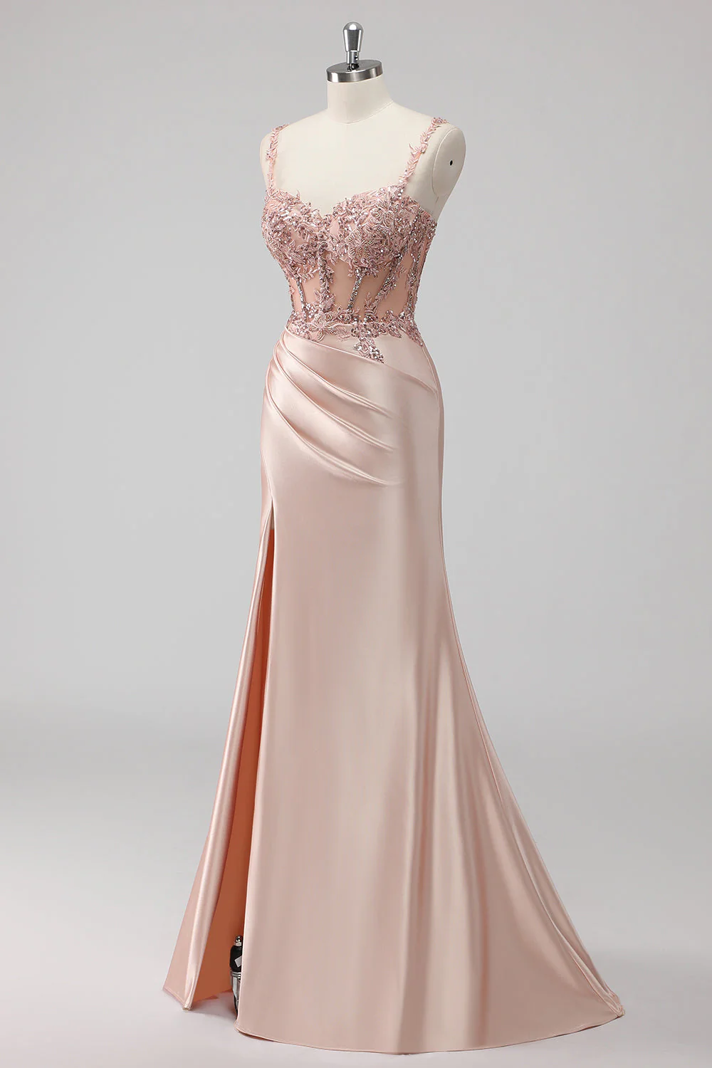 Robe de soirée sirène blush satin à sequins fente - Image 3