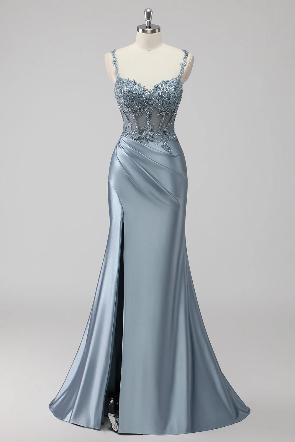 Robe de soirée sirène blush satin à sequins fente - Image 7