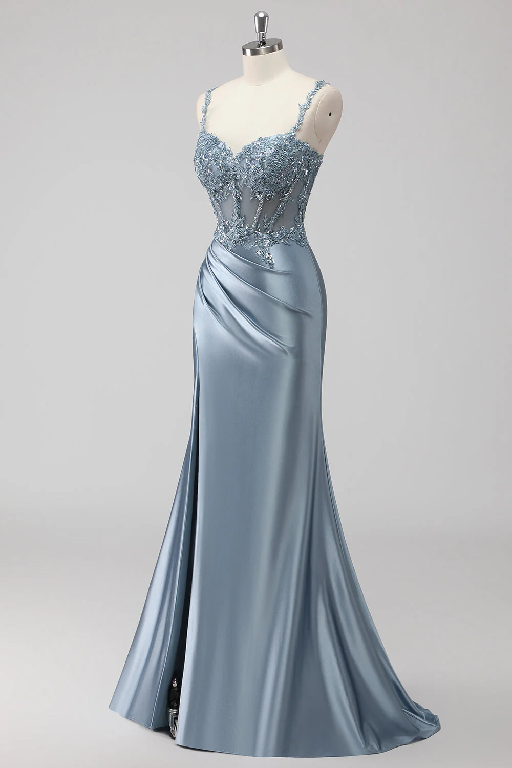 Robe de soirée sirène blush satin à sequins fente - Image 9