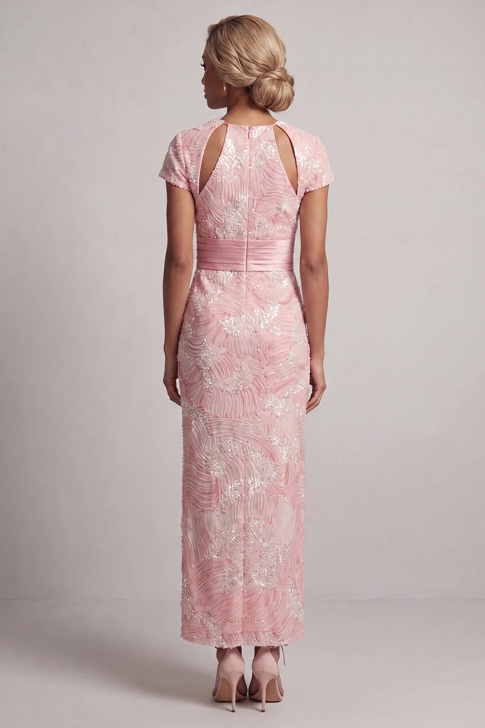 Blush scintillant Fourreau long Manches courtes Robe perlée de perles de serrure - Image 2