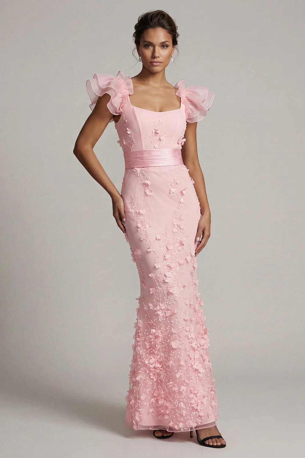 Blush sirène à manches volantes longue robe mère de la mariée avec fleurs 3D - Image 3