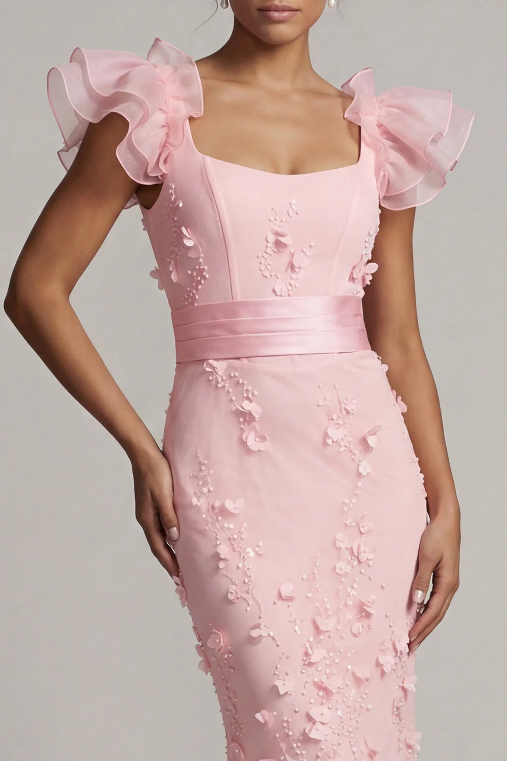 Blush sirène à manches volantes longue robe mère de la mariée avec fleurs 3D - Image 4