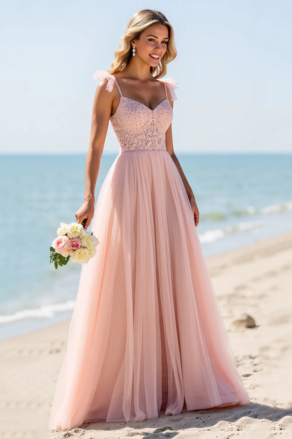 Blush Une Ligne Tulle Spaghetti Bretelles Longue Robe de demoiselle d’honneur avec Appliques - Image 2