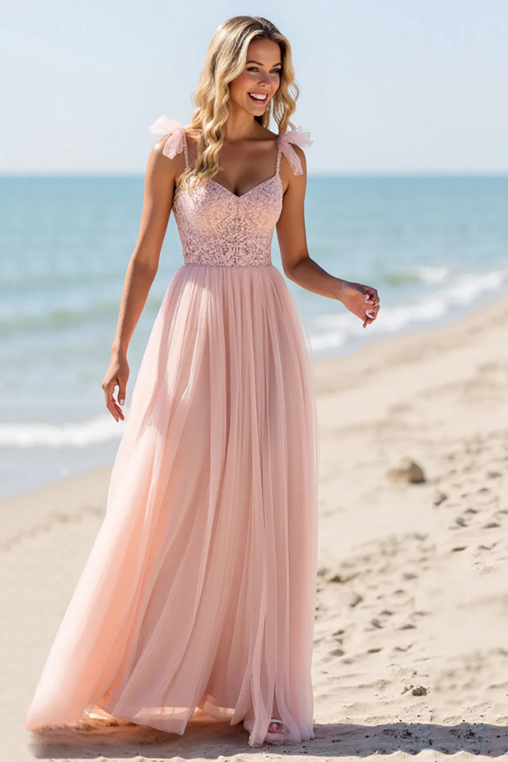 Blush Une Ligne Tulle Spaghetti Bretelles Longue Robe de demoiselle d’honneur avec Appliques - Image 3