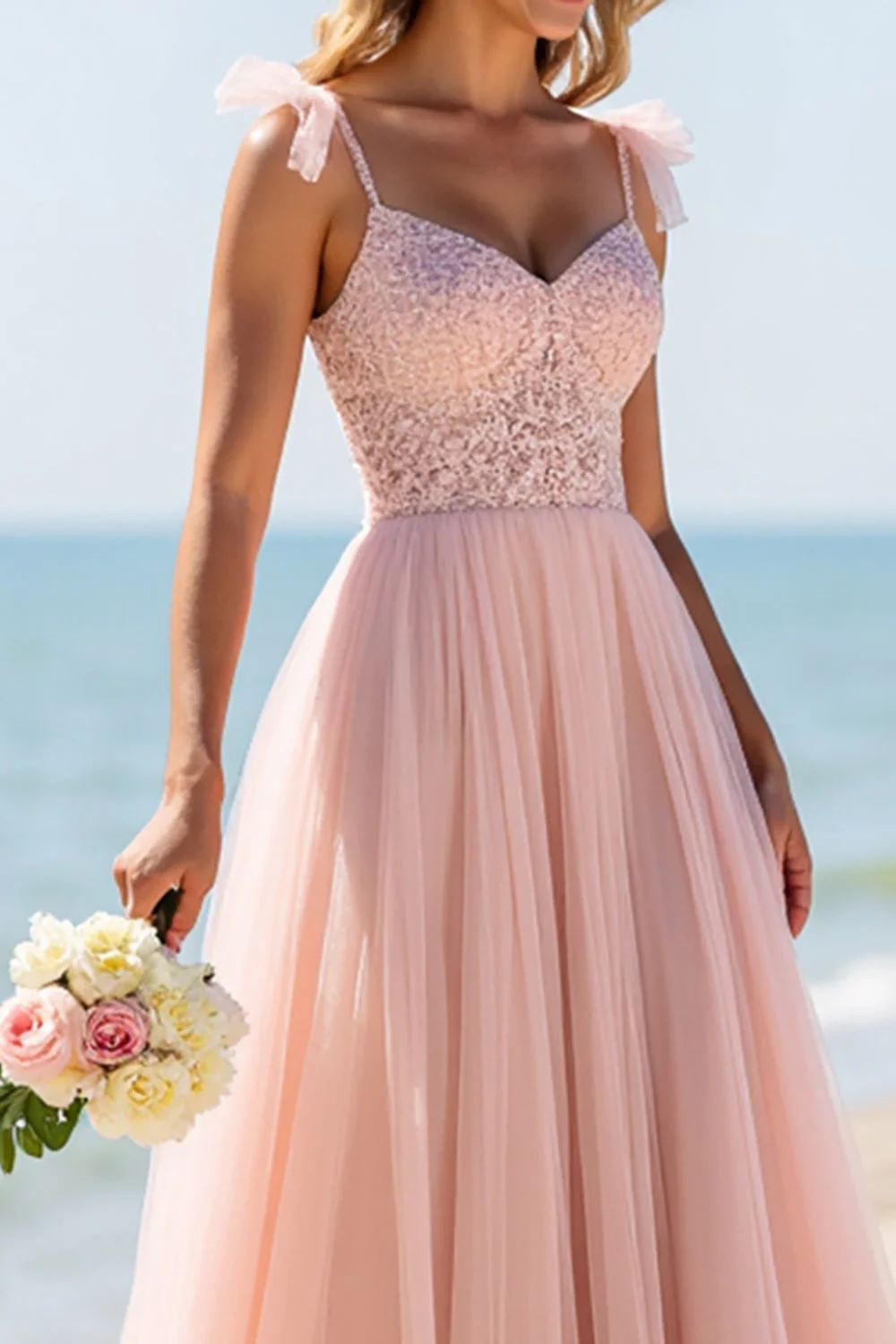 Blush Une Ligne Tulle Spaghetti Bretelles Longue Robe de demoiselle d’honneur avec Appliques - Image 6