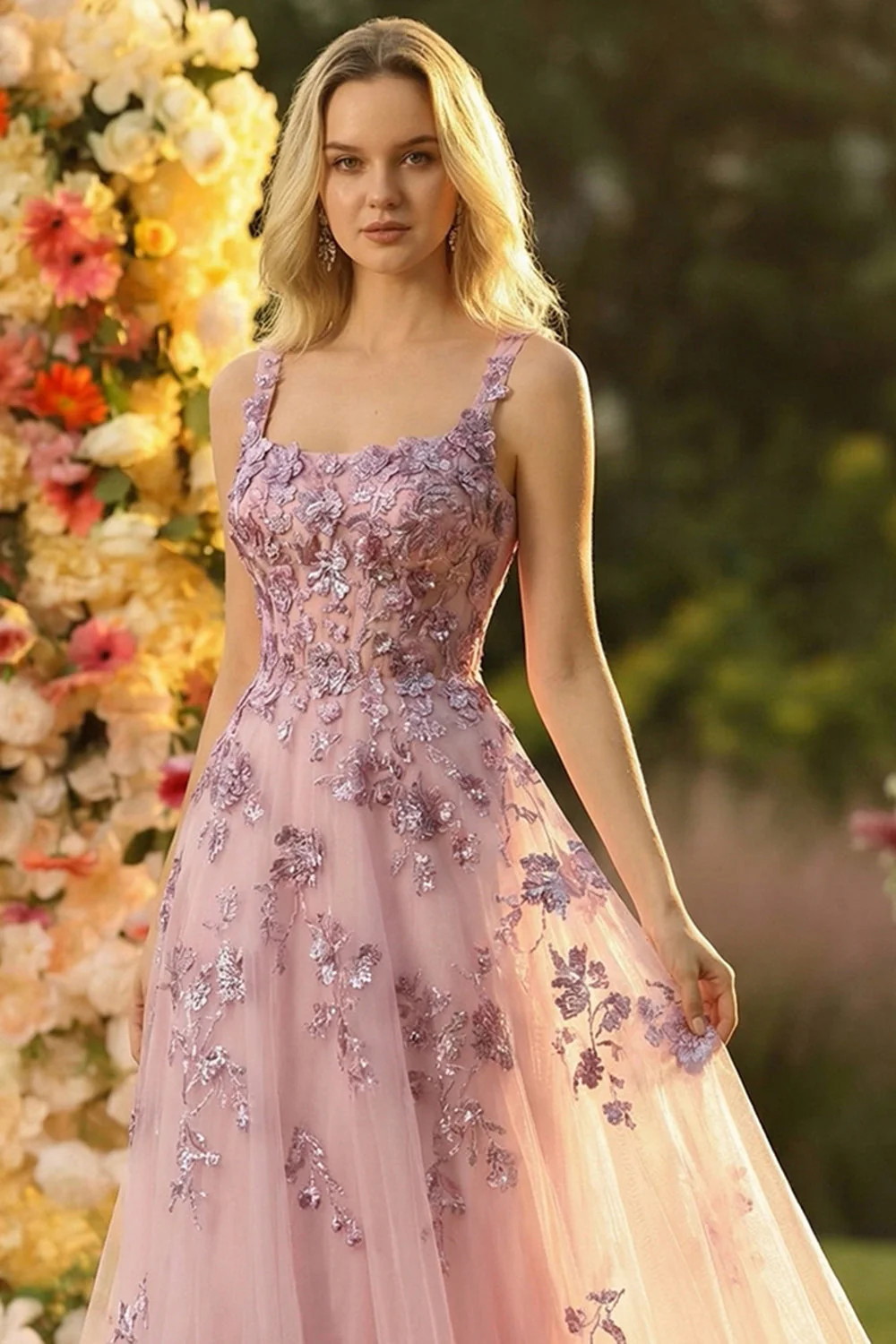 Blush Une robe de bal en tulle long à col carré brodée - Image 4