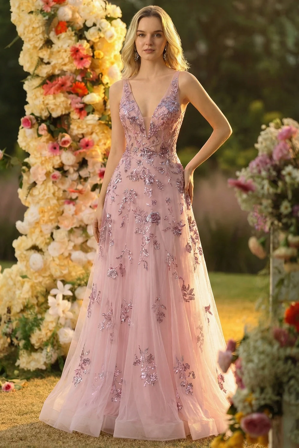 Blush Une robe longue de bal de promo sans dos à col en V avec sequins