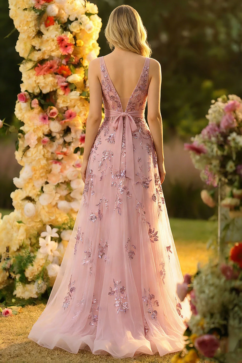 Blush Une robe longue de bal de promo sans dos à col en V avec sequins - Image 2