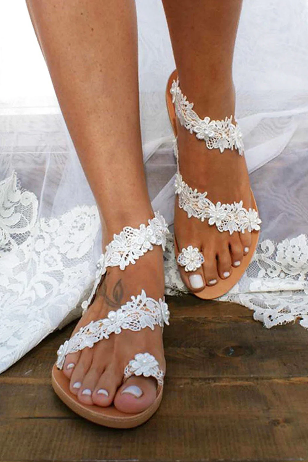 Boho Blanc Dentelle Plat Femmes Sandales - Image 2