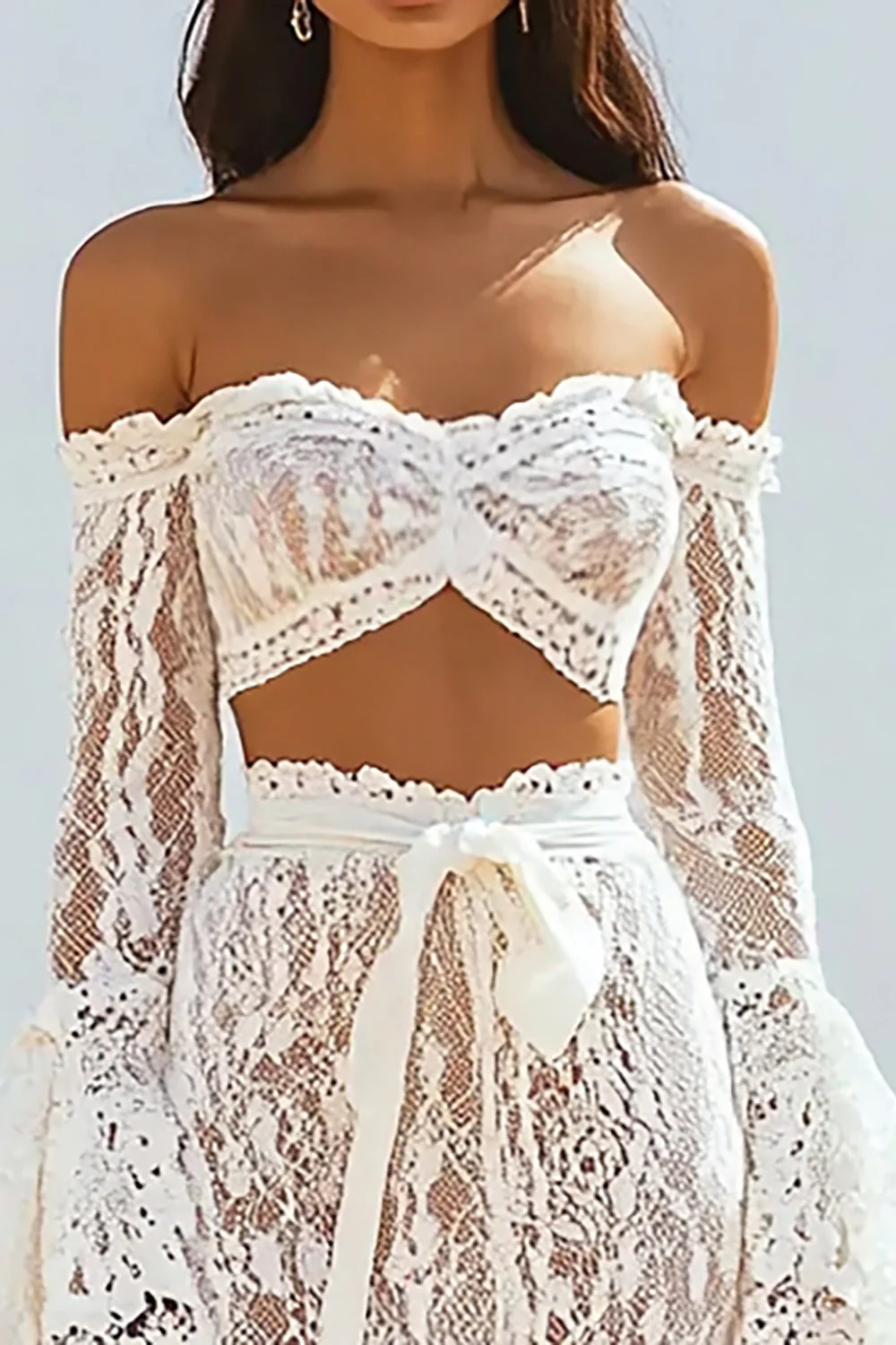 Boho Épaule Dénudée Dentelle Sirène Blanche Robe de mariée - Image 3