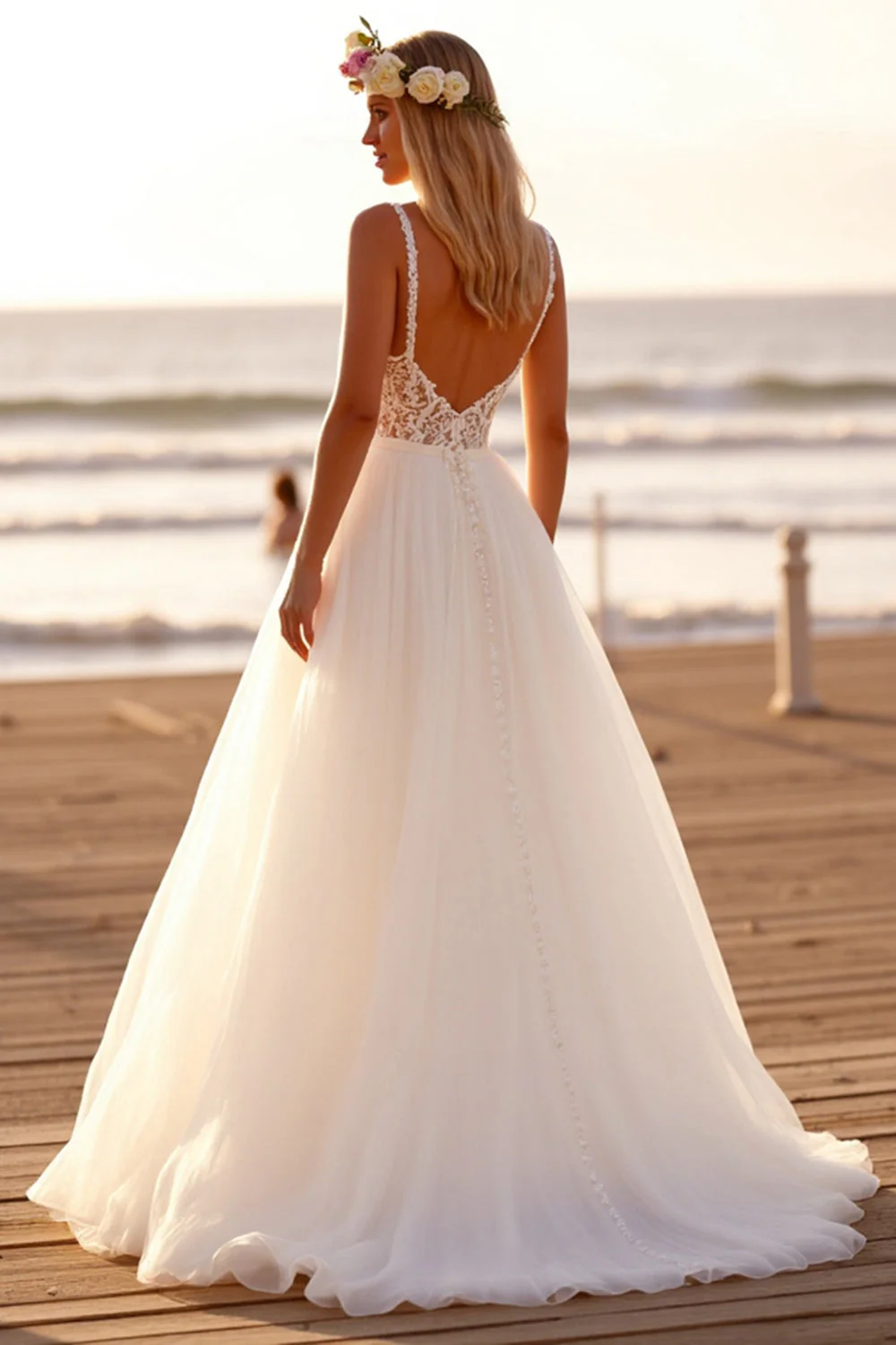 Robe de mariée bohème blanche en tulle coupe A avec dentelle et traîne balayage - Image 2