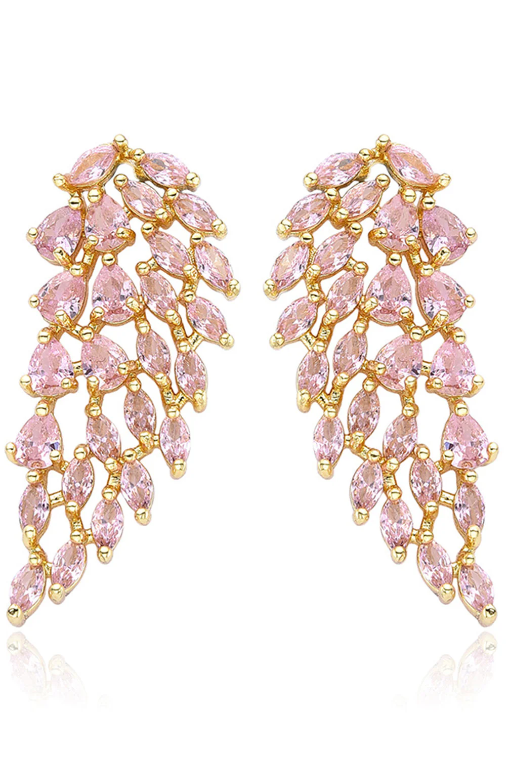 Boucles d’oreilles tombantes roses en forme de feuille scintillante avec des strass