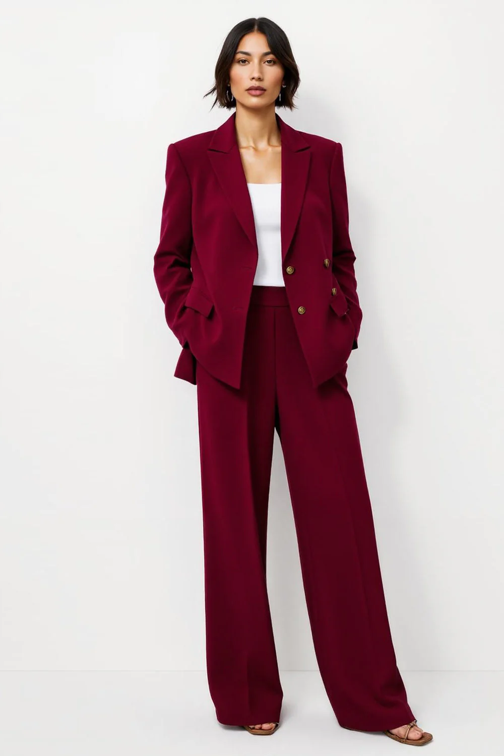 Ensemble femme bordeaux deux pièces à revers cranté avec manches - Image 3