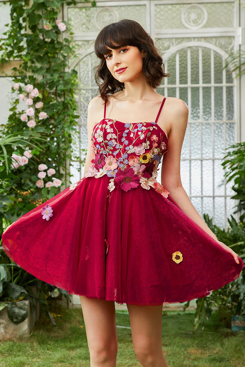 Bourgogne A Line Spaghetti Strages Robe Homecoming avec fleurs 3D - Image 5