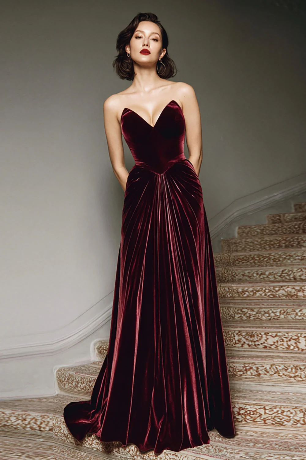 Bourgogne A Line Sweetheart Robe longue formelle en velours