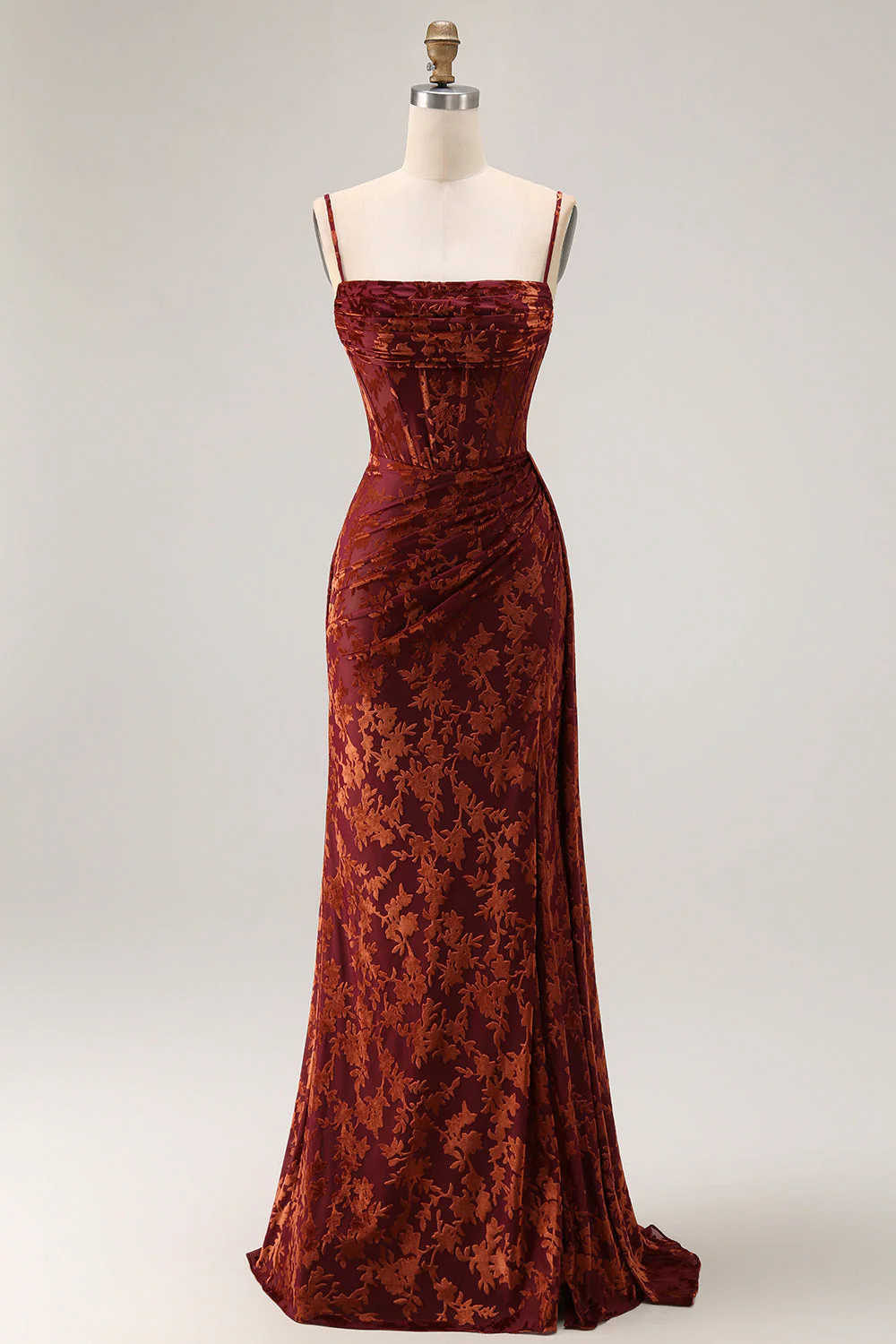 Robe sirène pour demoiselle d’honneur en velours burnout bourgogne bustier à traîne avec fente