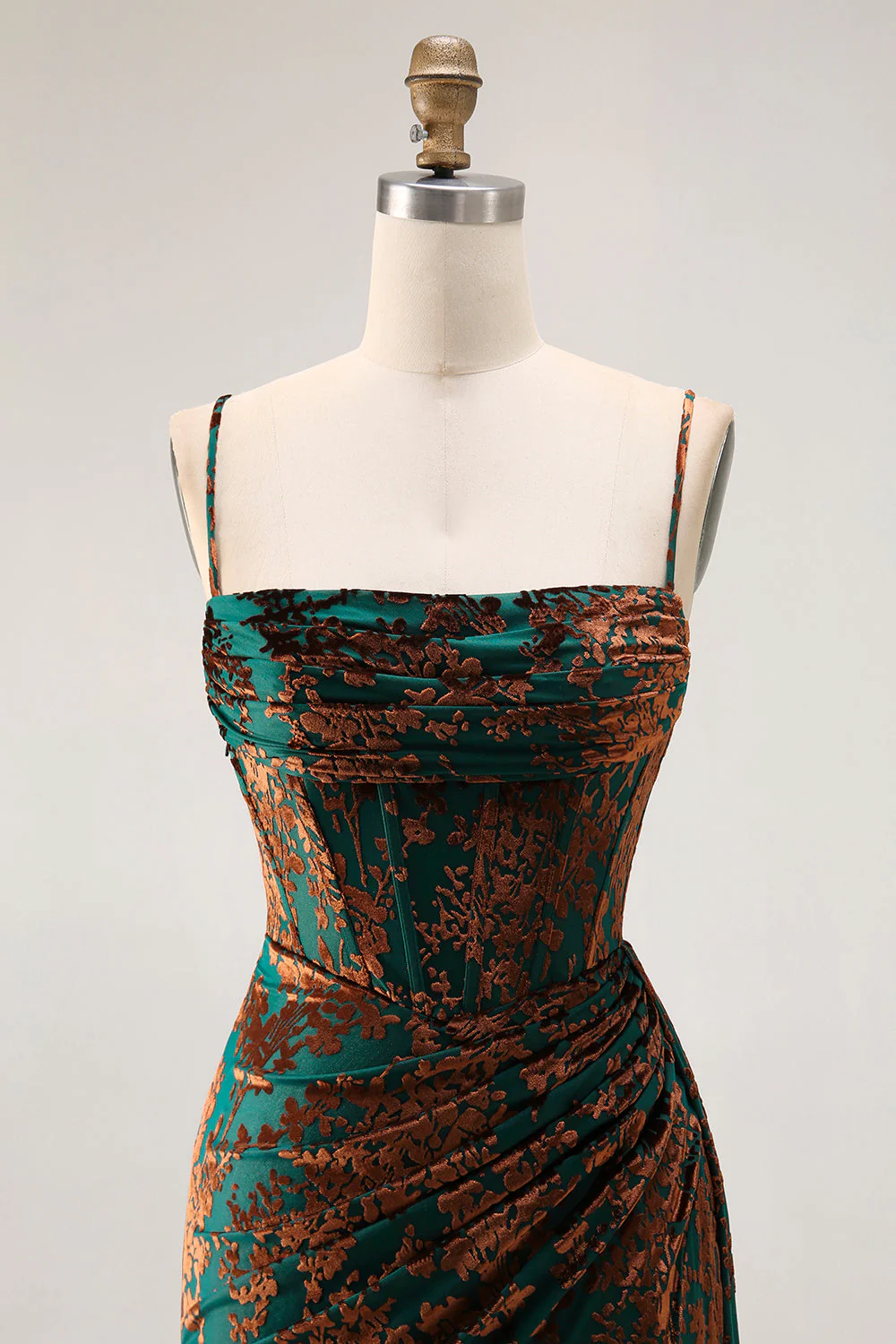 Robe sirène pour demoiselle d’honneur en velours burnout bourgogne bustier à traîne avec fente - Image 10