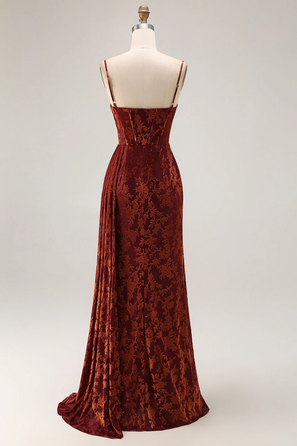 Robe sirène pour demoiselle d’honneur en velours burnout bourgogne bustier à traîne avec fente - Image 2