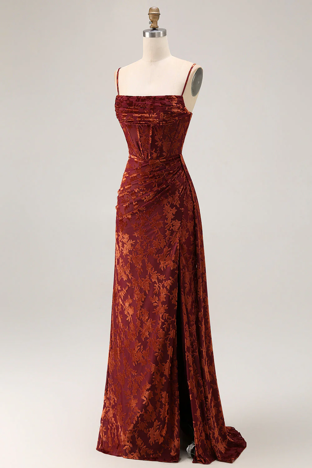 Robe sirène pour demoiselle d’honneur en velours burnout bourgogne bustier à traîne avec fente - Image 3