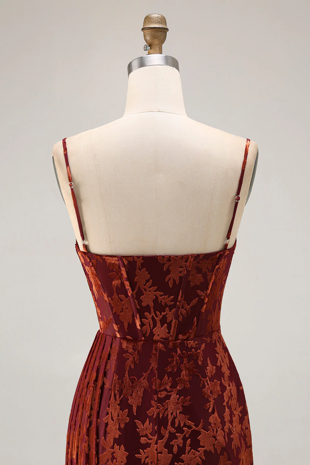 Robe sirène pour demoiselle d’honneur en velours burnout bourgogne bustier à traîne avec fente - Image 5