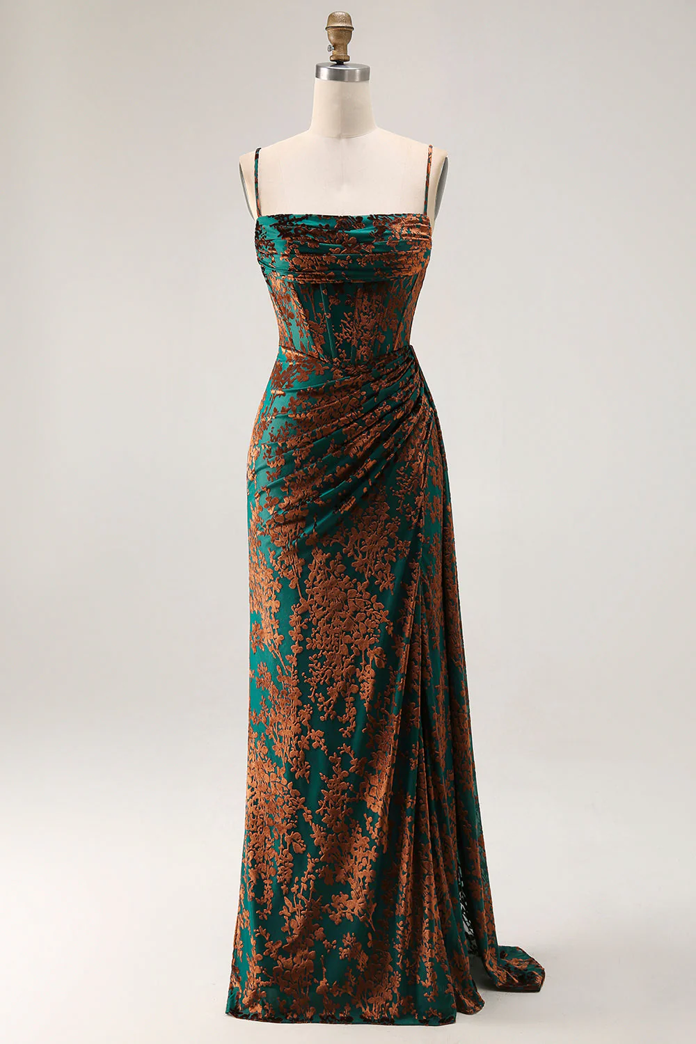 Robe sirène pour demoiselle d’honneur en velours burnout bourgogne bustier à traîne avec fente - Image 7