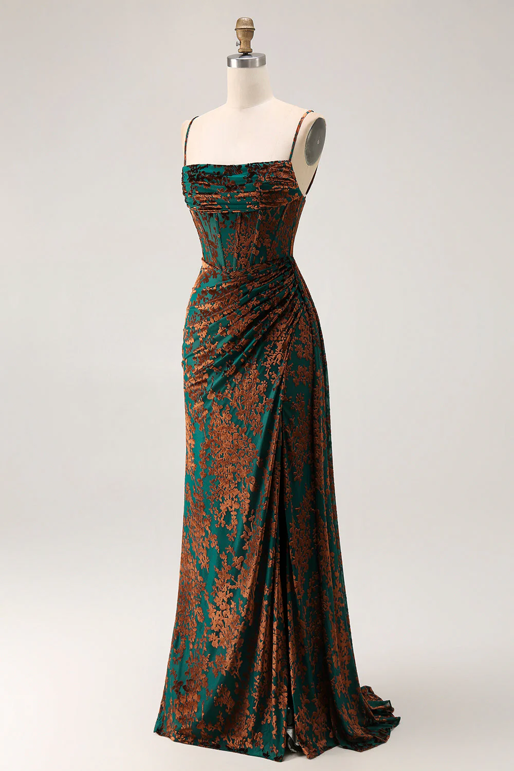 Robe sirène pour demoiselle d’honneur en velours burnout bourgogne bustier à traîne avec fente - Image 9