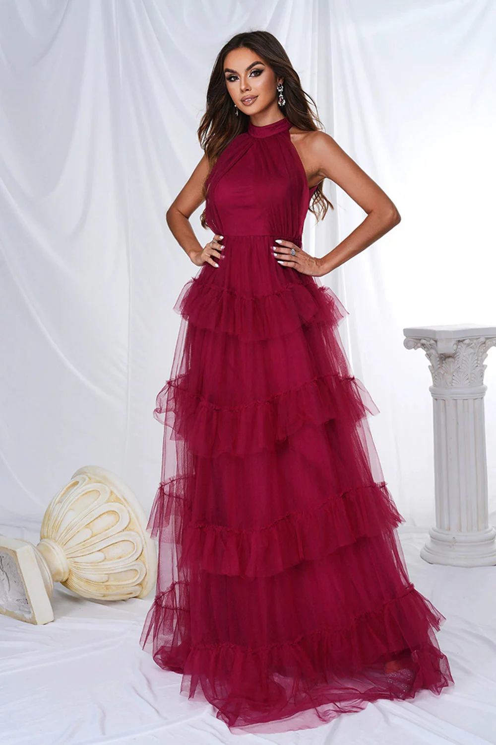 Bourgogne une ligne en tulle dos nu à plusieurs niveaux robe longue d’invitée de mariage - Image 6