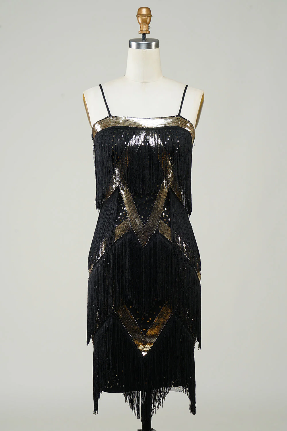 Robe années 20 à franges et paillettes champagne à bretelles spaghetti - Image 17