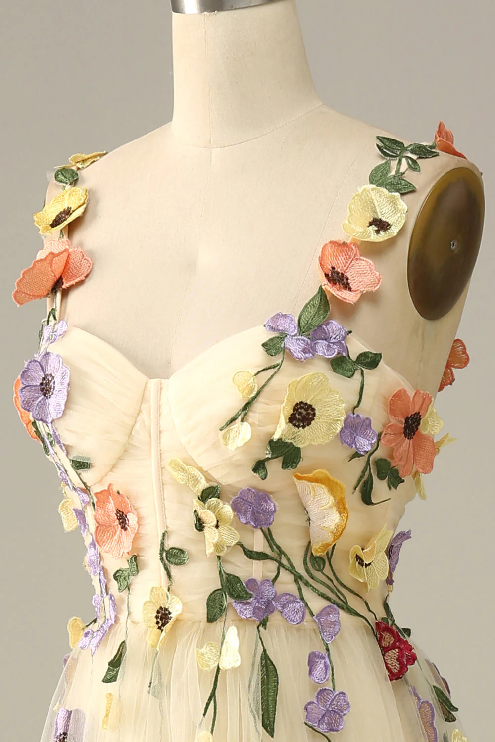 Bracelets Spaghetti Champagne Robe de bal avec fleurs 3D - Image 8
