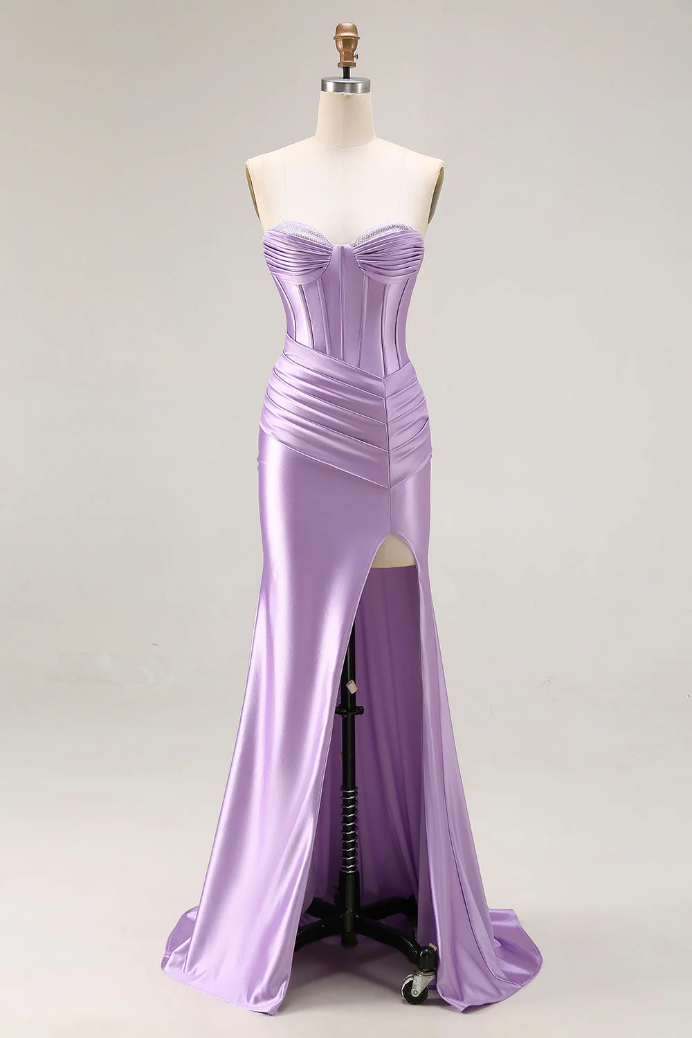 Robe de soirée sirène violette à bretelles fines corset plissé avec fente
